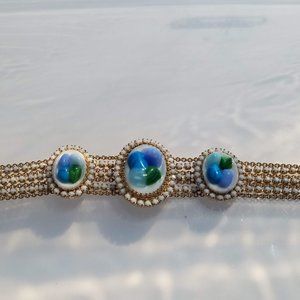 Vintage Hobe Gold Tone, Art Glass Beads Bracelet